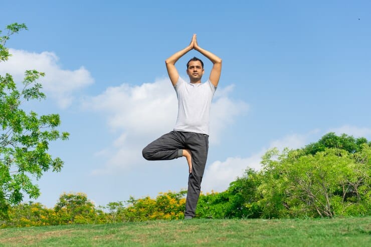 calm indian man standing tree yoga pose green lawn with bushes 1262 12617