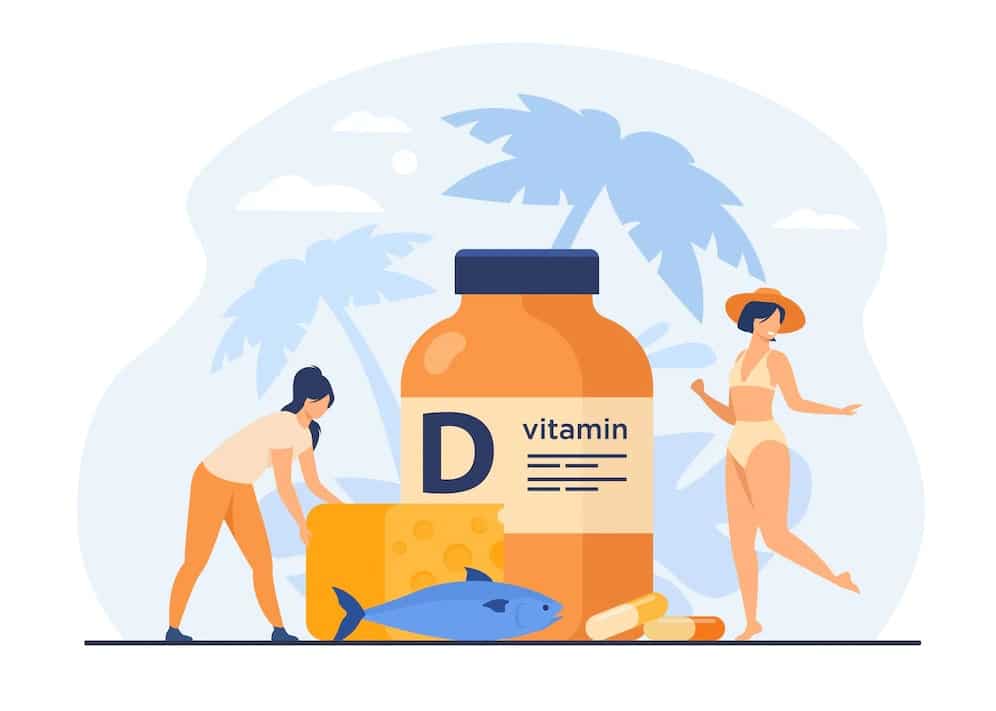 tiny women eating fatty fish vitamin d cheese sunbathing flat vector illustration cartoon ladies using food supplements deficiency reduction wellbeing health concept 74855 10175 min