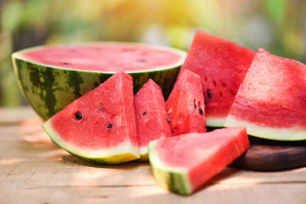 sliced watermelon wooden nature